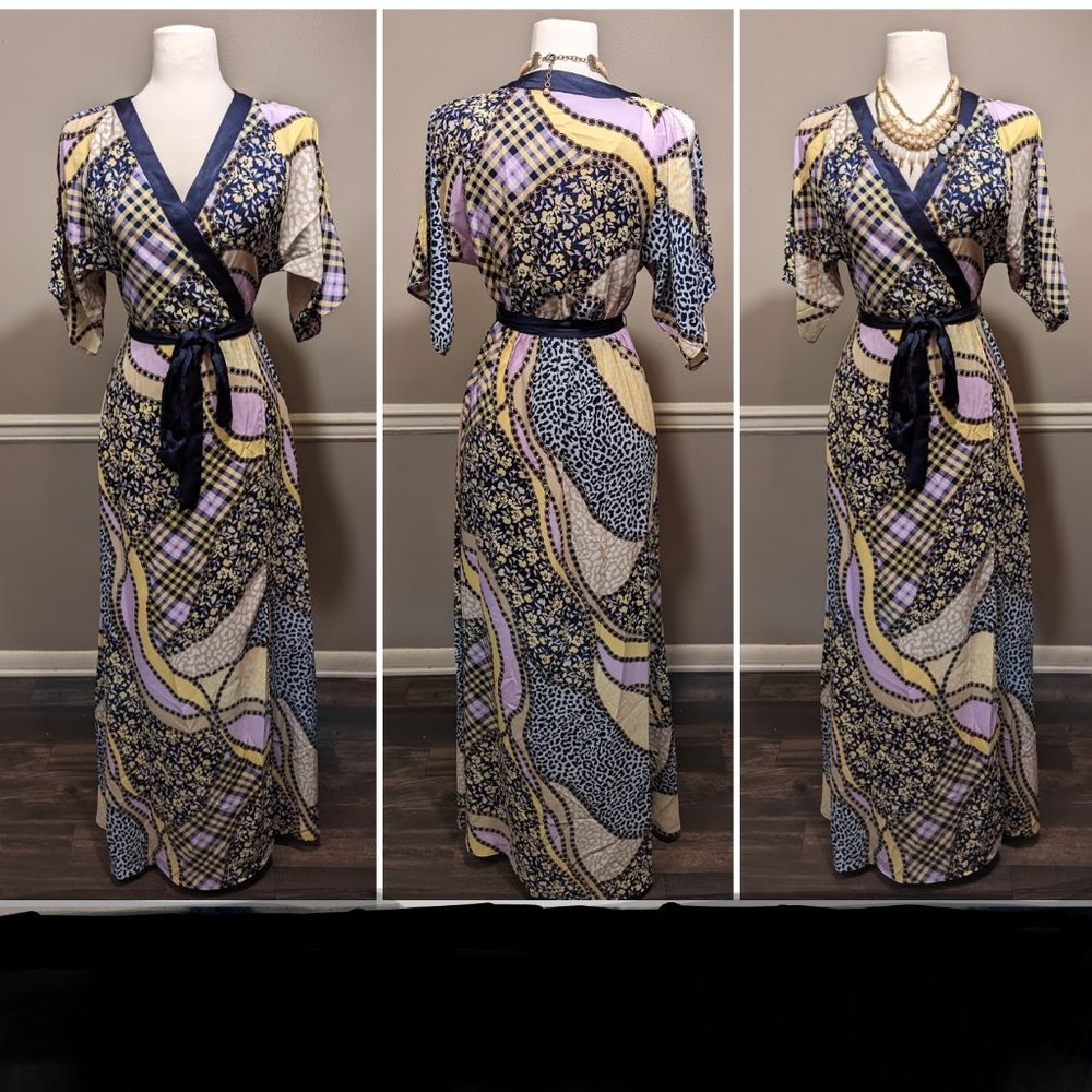 New York & Company Blue Purple Gold Yellow Floral Plaid Faux Wrap Dress Size XS